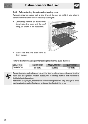 Page 38Instructions for the User
388.6.1 Before starting the automatic cleaning cycle
Pyrolysis may be carried out at any time of the day or night (if you wish to
benefit from the lower cost of electricity overnight).
•  Completely remove all accessories
from inside the oven and the roof
lining, as shown in the illustration.
•  Make sure that the oven door is
firmly closed.
Refer to the following diagram for setting the cleaning cycle duration:
CLEANING
DURATION
LIGHT DIRTMEDIUM DIRTHEAVY DIRT
90 MIN. 135 MIN....