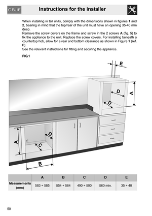 Page 50Instructions for the installer
50
When installing in tall units, comply with the dimensions shown in figures 1 and
2, bearing in mind that the top/rear of the unit must have an opening 35-40 mm
deep. 
Remove the screw covers on the frame and screw in the 2 screws A (fig. 5) to
fix the appliance to the unit. Replace the screw covers. For installing beneath a
countertop hob, allow for a rear and bottom clearance as shown in Figure 1 (ref.
F).
See the relevant instructions for fitting and securing the...
