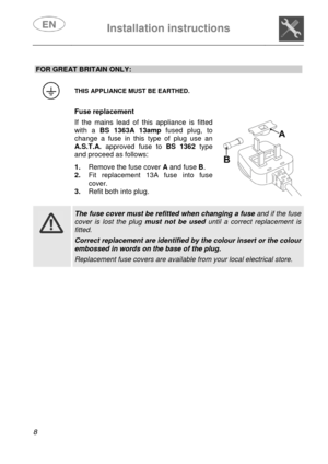Page 10 
 
Installation instructions   
 
8  
 
 
 
 
 
 
 
 
 
 
 
 
FOR GREAT BRITAIN ONLY: 
 
 THIS APPLIANCE MUST BE EARTHED. 
  Fuse replacement  If the mains lead of this appliance is fitted 
with a BS 1363A 13ampfused plug, to 
change a fuse in this type of plug use an 
A.S.T.A. approved fuse to BS 1362type 
and proceed as follows:  1. Remove the fuse cover A and fuse B. 
2. Fit replacement 13A fuse into fuse 
cover. 
3. Refit both into plug. 
   
   
 
 The fuse cover must be refitted when changing a...
