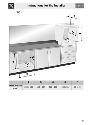 Page 39Instructions for the installer
81
FIG.1
ABCDE
Measurements 
(mm)583 ÷ 585554 ÷ 564 490 ÷ 500560 min.35 ÷ 40 