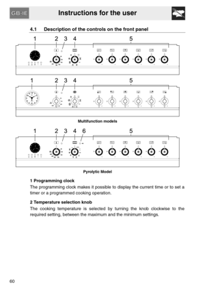 Page 8Instructions for the user
60
4.1 Description of the controls on the front panel
Multifunction models
Pyrolytic Model
1 Programming clock
The programming clock makes it possible to display the current time or to set a
timer or a programmed cooking operation.
2 Temperature selection knob
The cooking temperature is selected by turning the knob clockwise to the
required setting, between the maximum and the minimum settings. 