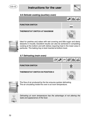 Page 28
 
 
Instructions for the user 
 
70 
9.6  Delicate cooking (auxiliary oven)  
      FUNCTION SWITCH  
   THERMOSTAT SWITCH AT MAXIMUM  
  
 
Ideal for pastries and cakes with wet covering and little sugar and damp 
desserts in moulds. Excellent results can also be achieved in completing 
cooking at the bottom and with dishes requiring heat in the lower area in 
particular. The baking tray is  best inserted at bottom level. 
 
9.7 Defrosting (main oven)  
         FUNCTION SWITCH  
   THERMOSTAT SWITCH...