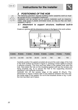 Page 4 
 
Instructions for the installer 
  
22 
2 POSITIONING OF THE HOB 
 
The following operation requires building and/or carpentry work so must be carried out by a competent tradesman. Installation can be carried out on various materials such as masonry, metal, solid wood or plastic laminated wood, as long as they are heat-resistant (T 90°C).
2.1 Attachment to support structure, traditional built-in 
model 
Create an opening with the dimensions shown in the figure in the work surface. 
 
 
A (mm) B (mm) C...