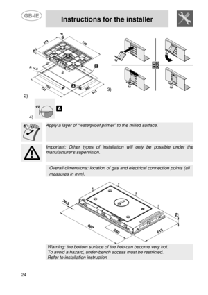 Page 6 
 
Instructions for the installer 
  
24  2) 
      
3)
 
4) 
3A
      
  
Apply a layer of “waterproof primer” to the milled surface. 
   
  
Important: Other types of installation will only be possible under the
manufacturers supervision. 
   
Overall dimensions: location of gas and electrical connection points (all 
measures in mm). 
 
Warning: the bottom surface of the hob can become very hot. 
To avoid a hazard, under-bench access must be restricted. 
Refer to installation instruction  