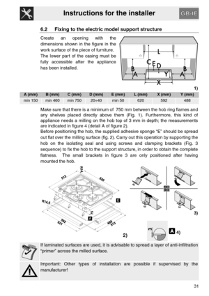Page 11Instructions for the installer
31
6.2 Fixing to the electric model support structure
Create an opening with the
dimensions shown in the figure in the
work surface of the piece of furniture.
The lower part of the casing must be
fully accessible after the appliance
has been installed.
1)
A (mm)B (mm)C (mm)D (mm)E (mm)L (mm)X (mm)Y (mm)
min 150min 460min 75020÷40min 50620592488
Make sure that there is a minimum of  750 mm between the hob ring flames and
any shelves placed directly above them (Fig. 1)....