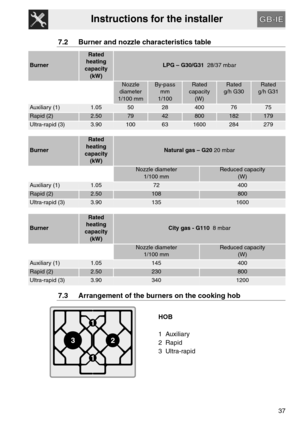 Page 17Instructions for the installer
37
7.2 Burner and nozzle characteristics table
Burner
Rated
heating
capacity
(kW)
LPG – G30/G31  28/37 mbar
Nozzle
diameter
1/100 mmBy-pass
mm
1/100Rated
capacity
(W)Rated
g/h G30Rated
g/h G31
Auxiliar y (1)1.0550284007675
Rapid (2)2.507942800182179
Ultra-rapid (3)3.90100631600284279
Burner
Rated
heating
capacity
(kW)
Natural gas – G20 20 mbar
Nozzle diameter
1/100 mmReduced capacity
(W)
Auxiliar y (1)1.0572400
Rapid (2)2.50108800
Ultra-rapid (3)3.901351600
Burner
Rated...