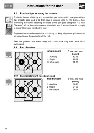 Page 8Instructions for the user
28
4.2 Practical tips for using the burners
For better burner efficiency and to minimise gas consumption, use pans with a
flat, smooth base and a lid that have a suitable size for the burner, thus
preventing the flames reaching the sides of the pan (see paragraph “4.3 Pan
Diameter”). Once the contents come to the boil, turn down the flame far enough
to prevent the liquid from boiling over.  
To prevent burns or damage to the hob during cooking, all pans or griddles must
be...