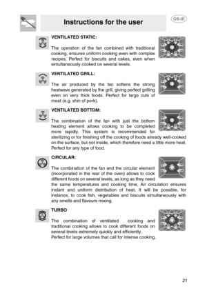 Page 1921
Instructions for the user
VENTILATED STATIC:
The operation of the fan combined with traditional
cooking, ensures uniform cooking even with complex
recipes. Perfect for biscuits and cakes, even when
simultaneously cooked on several levels.
VENTILATED GRILL:
The air produced by the fan softens the strong
heatwave generated by the grill, giving perfect grilling
even on very thick foods. Perfect for large cuts of
meat (e.g. shin of pork).
VENTILATED BOTTOM:
The combination of the fan with just the bottom...