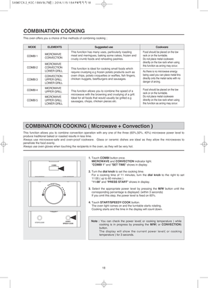 Page 1918
1.Touch COMBI button once.  
MICROWAVE and CONVECTION indicator light.
COMBI 1 and SET TIME shows in display.
2. Turn the dial knobto set the cooking time.
For a cooking time of 11 minutes, turn the dial knobto the right to set
11:00.( up to 60 minutes )
11:00 and PRESS START shows in display.
3. Select the appropriate power level by pressing the M/Wbutton until the
corresponding percentage is displayed. (within 3 seconds)
If you omit this step, the power level is fixed on 60%.
4. Touch START/SPEEDY...