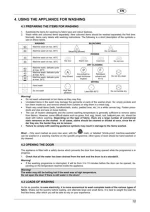 Page 11                               EN  
 10 
 
4. USING THE APPLIANCE FOR WASHING 
 
4.1 PREPARING THE ITEMS FOR WASHING 
  
1.     Subdivide the items for washing by fabric type and colour fastness. 
2.     Wash  white  and  coloured  items  separately.  Ne w  coloured  items  should  be  washed  separately  the  fi rst  time. 
Normally,  items  carry  labels  with  washing  instructi ons.  The  following  is  a  short  description  of  the  symbols  u-
sed on these labels. 
 WASHING  BLEACHING 
 Machine...