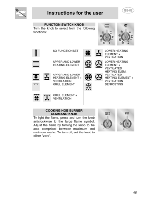 Page 11
 
Instructions for the user  
  
FUNCTION SWITCH KNOB 
Turn the knob to select from the following 
functions: 
    
  
 NO FUNCTION SET 
 
LOWER HEATING 
ELEMENT +  
VENTILATION 
  
 UPPER AND LOWER  HEATING ELEMENT LOWER HEATING 
ELEMENT +  
VENTILATED 
HEATING ELEM. 
 
UPPER AND LOWER 
HEATING ELEMENT +  
VENTILATION 
VENTILATED 
HEATING ELEMENT + 
VENTILATION 
  
 GRILL ELEMENT  DEFROSTING 
  
GRILL ELEMENT +  VENTILATION    
 
COOKING HOB BURNER  
COMMAND KNOB 
To light the flame, press and turn the...