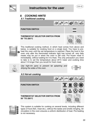 Page 21
 
Instructions for the user  
  
9.  COOKING HINTS 
9.1  Traditional cooking  
         FUNCTION SWITCH  
   THERMOSTAT SELECTOR SWITCH FROM  
50° TO 250°C 
 
    
 
This traditional cooking method, in which heat comes from above and 
below, is suitable for cooking food on a single level. You have to pre-
heat the oven until the set te mperature is reached. Place the food in the oven only after the thermostat indica tor light has turned off. very fatty 
meats may be put in when the oven is still cold....