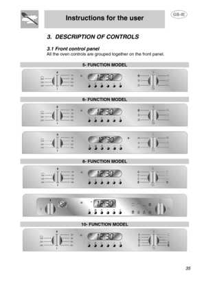 Page 8
 
Instructions for the user 
 
 
 35 
3. DESCRIPTION OF CONTROLS 
 
3.1  Front control panel 
All the oven controls are grou ped together on the front panel. 
 
5- FUNCTION MODEL  
  
6- FUNCTION MODEL  
  
  
8- FUNCTION MODEL  
  
  
10- FUNCTION MODEL  
   