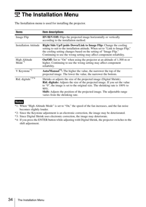 Page 3434The Installation Menu
The Installation Menu
The Installation menu is used for installing the projector.
*1: When “High Altitude Mode” is set to “On,” the speed of the fan increases, and the fan noise 
becomes slightly louder.
*2: Since the Keystone adjustment is an electronic correction, the image may be deteriorated.
*3: Since Digital Shrink uses electronic correction, the image may deteriorate.
*4: If you press the ENTER button while adjusting with Digital Shrink, the projector switches to the 
shift...