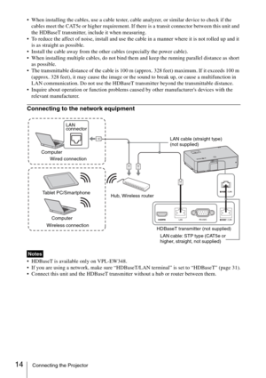 Page 1414Connecting the Projector
 When installing the cables, use a cable tester, cable analyzer, or similar device to check if the 
cables meet the CAT5e or higher requirement. If there is a transit connector between this unit and 
the HDBaseT transmitter, include it when measuring.
 To reduce the affect of noise, install and use the cable in a manner where it is not rolled up and it 
is as straight as possible. 
 Install the cable away from the other cables (especially the power cable).
 When installing...