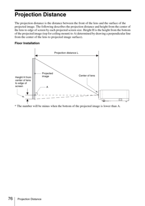 Page 7676Projection Distance
Projection Distance
The projection distance is the distance between the front of the lens and the surface of the 
projected image. The following describes the projection distance and height from the center of 
the lens to edge of screen by each projected screen size. Height H is the height from the bottom 
of the projected image (top for ceiling mount) to A (determined by drawing a perpendicular line 
from the center of the lens to projected image surface).
Floor Installation
* The...