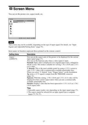 Page 2727
Screen Menu
You can set the picture size, aspect mode, etc.
These items may not be available, depending on the type of input signal. For details, see “Input 
Signals and Adjustable/Setting Items” (page 55).
Item names in brackets represent those printed on the remote control.
Note
Setting items Description
Aspect
[ASPECT]You can set the aspect ratio of the picture to be displayed for the current 
input signal (page 17). 
You can set the function only when a video signal is input.
Normal: Input video...