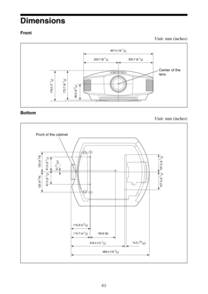 Page 6363
Dimensions
Front
Unit: mm (inches)
Bottom
Unit: mm (inches)
407.4 (16 1/8)
Center of the 
lens
203.7 (8 1/
8) 203.7 (8 1/8)
179.3 (7 
1/8)
172.7 (6 7/8)
93.5 (3 
3/4)
465.4 (18 3/8)
Front of the cabinet
113.7 (4 1/2) 150.6 (6)
120 (4 
3/4)
81.5 (3 
1/4) 120 (4 
3/4)
14.5 (19/32)
107.3 (4 
1/4)
115.9 (4 5/8)
81.5 (3 
1/4)
107.3 (4 1/4)
316.4 (12 1/2)
8 (11/32) 