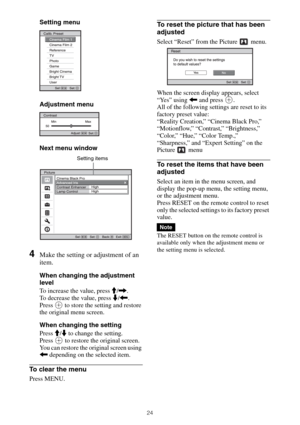 Page 2424
Setting menu
Adjustment menu
Next menu window
4Make the setting or adjustment of an 
item.
When changing the adjustment 
level
To increase the value, press M/,.
To decrease the value, press m/