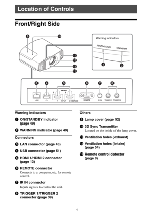 Page 44
Front/Right Side
Warning indicators
aON/STANDBY indicator 
(page 49)
bWARNING indicator (page 49)
Connectors
cLAN connector (page 43)
dUSB connector (page 51)
eHDMI 1/HDMI 2 connector 
(page 13)
fREMOTE connector
Connects to a computer, etc. for remote 
control.
gIR IN connector 
Inputs signals to control the unit.
hTRIGGER 1/TRIGGER 2 
connector (page 39)
Others
iLamp cover (page 52)
j3D Sync Transmitter
Located on the inside of the lamp cover.
kVentilation holes (exhaust)
lVentilation holes (intake)...