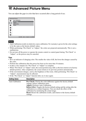 Page 3131
Advanced Picture Menu
You can adjust the gaps in color that have occurred after a long period of use.
 Auto Calibration results in relatively coarse calibration. No warranty is given for the color settings 
to be the same as the factory default values.
 While performing “Pre Check” or “Adjust,” the colors are projected automatically. This is not a 
malfunction.
 Do not turn off the power or operate the remote control or control panel during “Pre Check” or 
“Adjust”, as the process may be canceled....