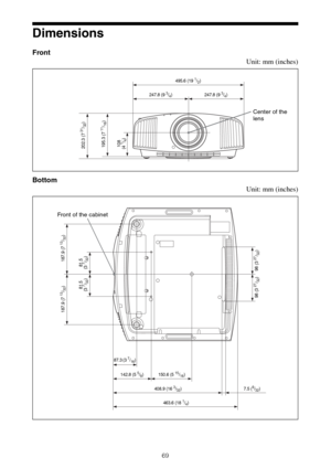 Page 6969
Dimensions
Front
Unit: mm (inches)
Bottom
Unit: mm (inches)
495.6 (19 1/2)
Center of the 
lens
247.8 (9 3/4) 247.8 (9 3/4)
202.3 (7 
31/32)
195.3 (7 11/16)
108 
(4 
1/4)
463.6 (18 1/4)
Front of the cabinet
142.8 (5 5/8) 150.6 (5 15/16)
187.9 (7 
13/32)
81.5 
(3 
7/32) 187.9 (7 
13/32)
7.5 (9/32)
98 (3 
27/32)
87.3 (3 7/16)
81.5 
(3 7/32)
98 (3 27/32)
408.9 (16 3/32) 