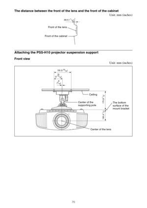 Page 7070
The distance between the front of the lens and the front of the cabinet
Unit: mm (inches)
Attaching the PSS-H10 projector suspension support
Front view
Unit: mm (inches)
36.8 (1 7/16)
Front of the lens
Front of the cabinet
150 (5 29/32)
75 
(2 
15/16)
8 
(
5/16)
Ceiling
Center of the 
supporting poleThe bottom 
surface of the 
mount bracket
Center of the lens
175 (6 
7/8) 108 (4 
1/4) 