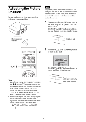 Page 88
Adjusting the Picture 
Position
Project an image on the screen and then 
adjust the picture position.
Tips
 The ?/1 (ON/STANDBY), INPUT, MENU, 
and M/m/