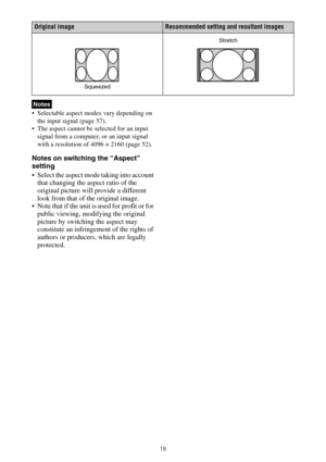 Page 1818
 Selectable aspect modes vary depending on 
the input signal (page 57).
 The aspect cannot be selected for an input 
signal from a computer, or an input signal 
with a resolution of 4096 × 2160 (page 52).
Notes on switching the “Aspect” 
setting
 Select the aspect mode taking into account 
that changing the aspect ratio of the 
original picture will provide a different 
look from that of the original image.
 Note that if the unit is used for profit or for 
public viewing, modifying the original...