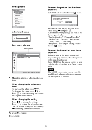 Page 2121
Setting menu
Adjustment menu
Next menu window
4Make the setting or adjustment of an 
item.
When changing the adjustment 
level
To increase the value, press M/,.
To decrease the value, press m/