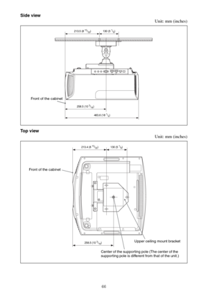 Page 6666
Side view
Unit: mm (inches)
Top view
Unit: mm (inches)
Front of the cabinet
463.6 (18 1/4) 258.5 (10 
3/16) 213.5 (8 
13/32) 130 (5 1/8)
Front of the cabinet
258.5 (10 3/16) 213.4 (8 
13/32) 130 (5 1/8)
Upper ceiling mount bracket
Center of the supporting pole (The center of the 
supporting pole is different from that of the unit.) 