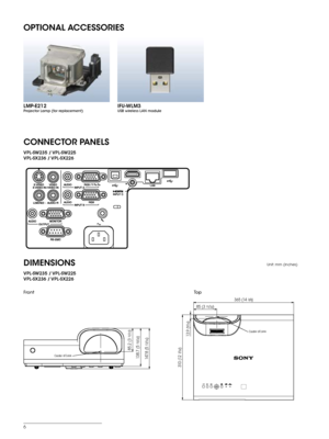 Page 6DIMENSIONSUnit: mm (inches)
To p
Front
CONNECTOR PANELS
VPL-SW235  / VPL-SW225
VPL-SX236  / VPL-SX226
VPL-SW235  / VPL-SW225
VPL-SX236  / VPL-SX226
OPTIONAL ACCESSORIES
LMP-E212Projector Lamp (for replacement)IFU-WLM3USB wireless LAN module
Center of Lens13 .9  (
9/16)
310  ( 12  
7/32)
85 (3 11/32)
365 ( 14  
3/8)
85.2 (3 
11/13)
13 8 .7  (5 
15/32)
14 7. 8  (5 
13/16)
Center of Lens
6 