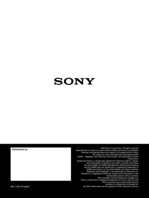 Page 8
MK11178V1YIT15MAR
Distr\2512015 Son
Repr F The v
\223SONY\224 Cor
T the Unit
The t  
and the HDMI L  
HDMI Licensing LLC in the Unit Pix
W  
Unit
Mac and Mac OS ar
IOS is a tr  
other countr Andr
All other tr  