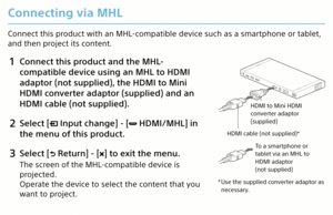 Page 17Connecting via MHL
Connect this product with an MHL-compatible device such as a smartphone or tablet, 
and then project its content.
1 Connect this product and the MHL-
compatible device using an MHL to HDMI 
adaptor (not supplied), the HDMI to Mini 
HDMI converter adaptor (supplied) and an 
HDMI cable (not supplied).
2 Select [ Input change] - [ HDMI/MHL] in 
the menu of this product.
3  Select [ Return] - [] to exit the menu.
The screen of the MHL-compatible device is 
projected.
Operate the device to...