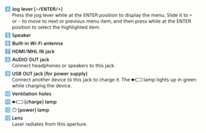 Page 3Jog lever (−/ENTER/+)
Press the jog lever while at the ENTER position to display the menu. Slide it to + 
or − to move to next or previous menu item, and then press while at the ENTER 
position to select the highlighted item.
 Speaker
 Built-in Wi-Fi antenna
 HDMI/MHL IN jack
 AUDIO OUT jack
Connect headphones or speakers to this jack.
 USB OUT jack (for power supply)
Connect another device to this jack to charge it. The 
 lamp lights up in green 
while charging the device.
 Ventilation holes
...