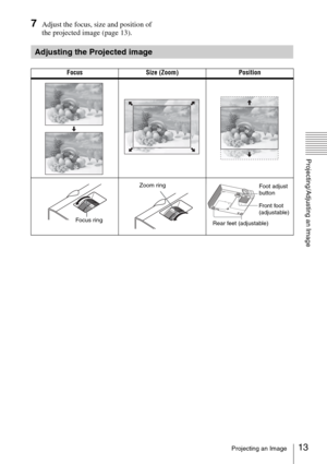 Page 1313Projecting an Image
Projecting/Adjusting an Image
7Adjust the focus, size and position of 
the projected image (page 13).
Adjusting the Projected image
Focus Size (Zoom) Position
Focus ring
Zoom ringFoot adjust 
button
Front foot 
(adjustable)
Rear feet (adjustable) 