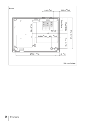 Page 6868Dimensions
Bottom
Unit: mm (inches) 78.9 (3 3/32)38.8 (1 17/32)
207.5 (8 
5/32) 99.9 (3 
15/16) 105.8 (4 
5/32) 83.5 (3 9/32) 79.4 (3 
1/8)
76.4 (3)
88.5 (3 
15/32) 23.9 (15/16)
271 (10 
21/32)22 (7/8) 