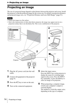 Page 1414Projecting an Image
BProjecting an Image
Projecting an Image
The size of a projected image depends on the distance between the projector and screen. Install 
the projector so that the projected image fits the screen size. For details on projection distances 
and projected image sizes, see 
“Projection Distance and Lens Shift Range” (page 91).
 Project the image on a flat surface.
 Due to the characteristics of ultra short throw projector, the image may appear uneven on a 
projection surface that is not...