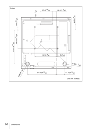 Page 9696Dimensions
Bottom
Unit: mm (inches) 93 (3 21/32)
21.5 (
27/32)
30.5 (1 3/16)
12.5 (
1/2)
44.8 (1 
3/4) 138.6 (5 
15/32) 253.2 (9 
31/32)
162 (6 3/8)8 (5/16)
215.5 (8 
15/32) 61.5 (2 13/32)
Ø 
26
 (
1 
1/3
2)
Ø 26 (
1 1/3
2) 