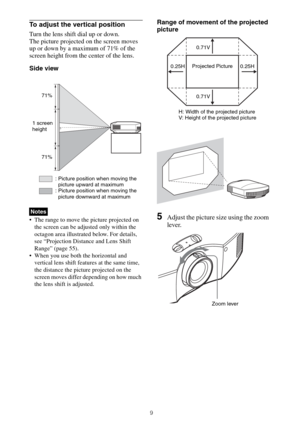 Page 99
To adjust the vertical position
Turn the lens shift dial up or down.
The picture projected on the screen moves 
up or down by a maximum of 71% of the 
screen height from the center of the lens.
Side view
 The range to move the picture projected on 
the screen can be adjusted only within the 
octagon area illustrated below. For details, 
see “Projection Distance and Lens Shift 
Range” (page 55).
 When you use both the horizontal and 
vertical lens shift features at the same time, 
the distance the...