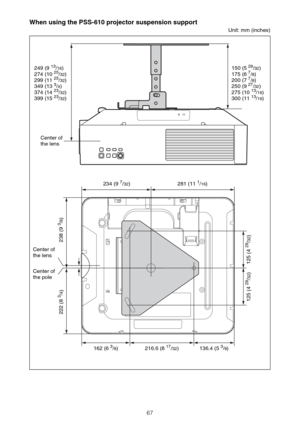 Page 6767
When using the PSS-610 projector suspension support 
Unit: mm (inches)
Center of 
the lens
162 (6 
3/8)
222 (8 
3/4)
150 (5 29/32)
175 (6 7/8)
200 (7 7/8)
250 (9 27/32)
275 (10 13/16)
300 (11 13/16) 249 (9 
13/16)
274 (10 25/32)
299 (11 25/32)
349 (13 3/4)
374 (14 23/32)
399 (15 23/32)
Center of 
the lens
Center of 
the pole
238 (9 
3/8)
125 (4 
29/32) 125 (4 
29/32)
216.6 (8 17/32) 136.4 (5 3/8) 234 (9 
7/32) 281 (11 1/16) 