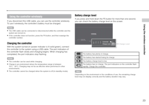 Page 2323
Using the wireless controller
Using the controller wirelessly
If you disconnect the USB cable, you can use the controller wirelessly. 
To use it wirelessly, the controller’s battery must be charged.
Hints
	 The USB cable can be connected or disconnected while the controller and the 
system are turned on.
	 If the controller does not function, press the PS button, and then reassign the 
controller number.
Charging the controller
With the system turned on (power indicator is lit solid green), connect...