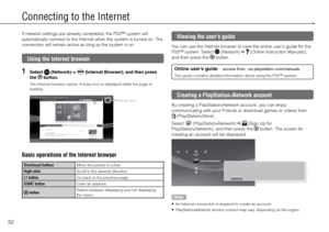 Page 3232
Connecting to the Internet
If network settings are already completed, the PS3™ system will 
automatically connect to the Internet when the system is turned on. The 
connection will remain active as long as the system is on.
Using the Internet browser
1 Select  (Network)   (Internet Browser), and then press 
the  button.
The Internet browser opens. A busy icon is displayed while the page is 
loading.
Busy icon
Basic operations of the Internet browser
Directional buttons Move the pointer to a link....