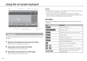 Page 3434
Using the on-screen keyboard
CursorDisplays predictive options
Operation keys Displays when  predictive mode is on Input mode 
display
Text entry field
Entering text
The following steps explain how to enter text, using the word "fun" as an 
example.
1 Select [f] on the keyboard, and then press the  button.
Repeat this step for the characters [u] and [n].
2 Select [Enter], and then press the  button.
The characters you entered are confirmed.
3 Select [Enter], and then press the  button again....