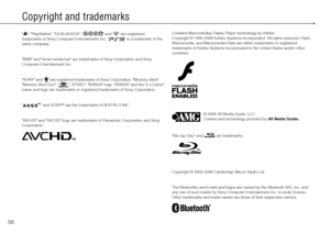 Page 5656
Copyright and trademarks
"", "PlayStation", "DUALSHOCK", "" and "" are registered 
trademarks of Sony Computer Entertainment Inc. "" is a trademark of the 
same company.
"XMB" and "xross media bar" are trademarks of Sony Corporation and Sony 
Computer Entertainment Inc.
"SONY" and "
" are registered trademarks of Sony Corporation. "Memory Stick", 
"Memory Stick Duo", "", "ATRAC",...