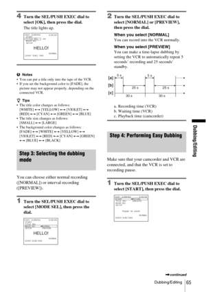 Page 65Dubbing/Editing
Dubbing/Editing65
4Turn the SEL/PUSH EXEC dial to 
select [OK], then press the dial.
The title lights up.
bNotes
 You can put a title only into the tape of the VCR.
 If you set the background color to [FADE], the  picture may not appear properly, depending on the 
connected VCR.
z Tips
 The title color changes as follows: [WHITE]  y [YELLOW]  y [VIOLET]  y 
[RED]  y [CYAN]  y [GREEN]  y [BLUE]
 The title size changes as follows: [SMALL]  y [LARGE]
 The background color changes as...