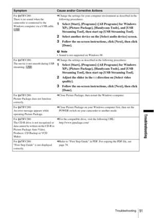 Page 91Troubleshooting
Troubleshooting91
For TRV280:
There is no sound when the 
camcorder is connected to the 
Windows computer via a USB cable. c
Change the settings for your computer environment as described in the 
following procedures:
1Select [Start], [Programs] ([All Programs] for Windows 
XP), [Picture Package], [Handycam Tools], and [USB 
Streaming Tool], then start up [USB Streaming Tool].
2Select another device on the [Select audio device] screen.
3Follow the on-screen instructions, click [Next],...