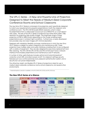 Page 22
The New VPL-C Series at a Glance
The new Sony VPL-C Series is composed of six projectors, each specifically designed
to match your requirements for powerful presentations in both the classroom and
conference room. The VPL-CW125 boasts WXGA resolution, which is ideal 
for presentations from a wide-screen source such as a WXGA PC or a 16:9 aspect-
ratio video. The rest of the VPL-C Series of projectors has native XGA (1024 x 768)
resolution for projecting high-quality images. The brightness range of...