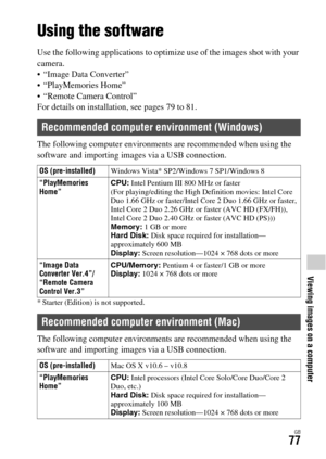 Page 77Viewing images on a computer
GB77
Viewing images on a computer
Using the software
Use the following applications to optimize use of the images shot with your 
camera.
 “Image Data Converter”
 “PlayMemories Home”
 “Remote Camera Control”
For details on installation, see pages 79 to 81.
The following computer environments are recommended when using the 
software and importing images via a USB connection.
* Starter (Edition) is not supported.
The following computer environments are recommended when using...