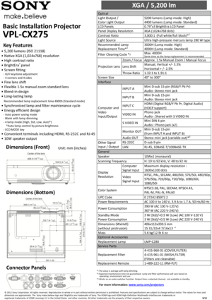 Page 1• 5,200 lumens (ISO 21118) 
• Native XGA (1,024x768)  resolution 
• High contrast ratio 
• BrightEra® panel 
• Screen fitting 
   - H/V keystone adjustment    - 4 corners and 4 sides 
• Fine lens shift  
• Flexible 1.5x manual zoom standard lens   
• Blend-in design   
• Long-lasting lamp   
   Recommended lamp replacement time 4000h (Standard mode) 
• Synchronized lamp and filter maintenance cycle 
• Energy efficient design   
   - Auto power saving mode    - Blank with lamp dimming    - 4 lamp mode...